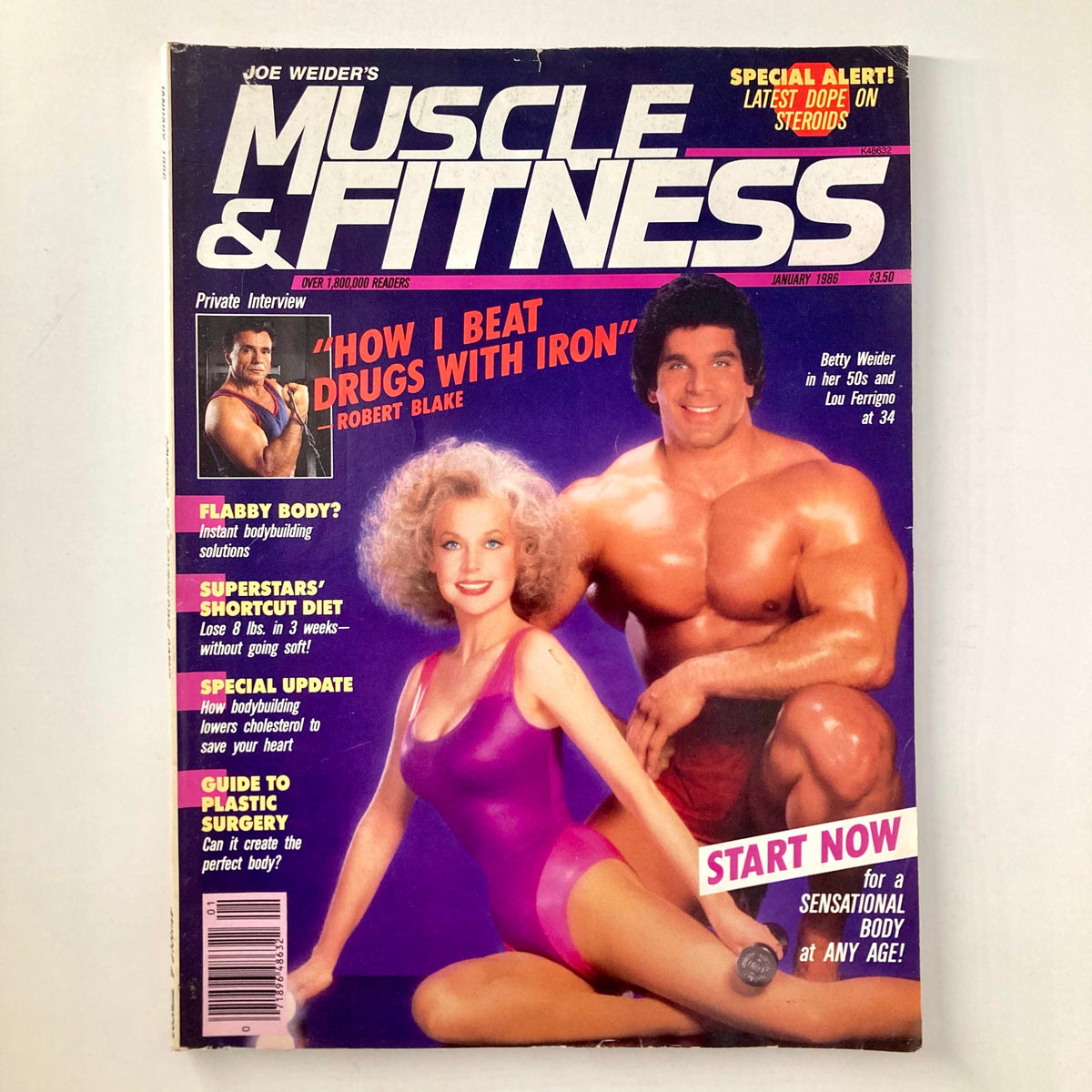 Cover of Joe Weider's Muscle & Fitness Magazine from January 1986 featuring Betty Weider and Lou Ferrigno, showcasing vintage fitness culture with prominent headlines about bodybuilding and nutrition.