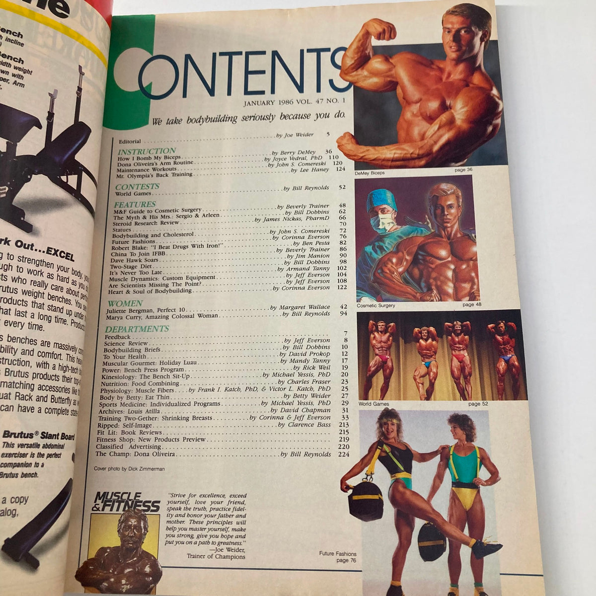Contents page of Joe Weider's Muscle & Fitness Magazine, January 1986, highlighting articles on bodybuilding techniques, nutrition, and fitness culture, including insights into bodybuilding by fitness personalities.