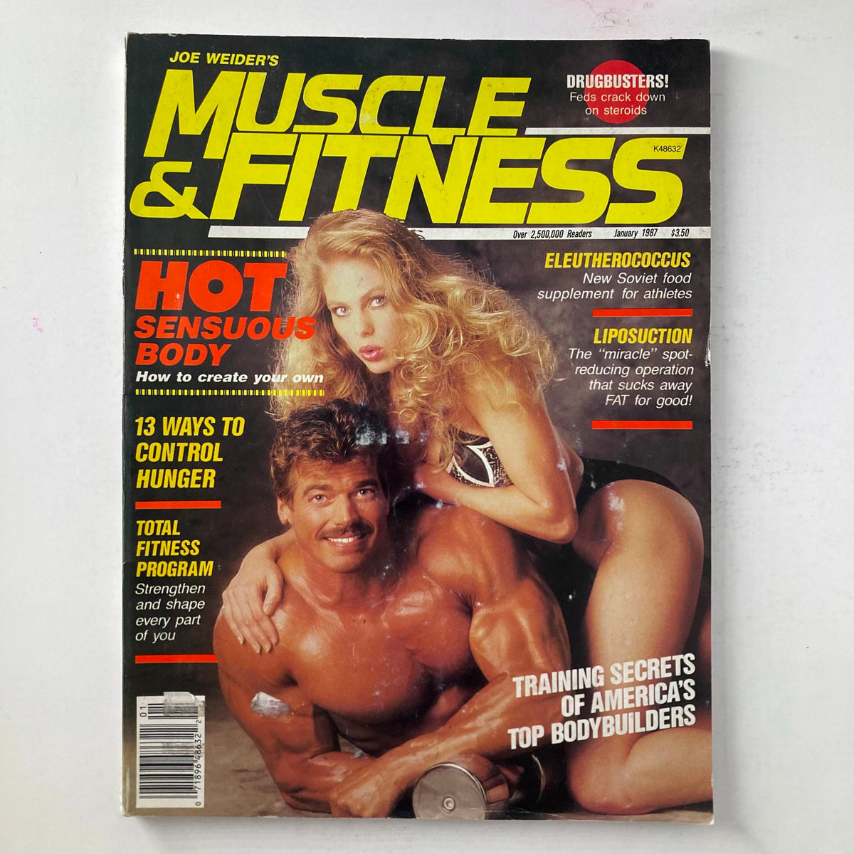 Cover of Joe Weider's Muscle & Fitness Magazine from January 1987, featuring models Linda Karecki and Jeff Smullen, highlighting hot body trends and fitness programs.