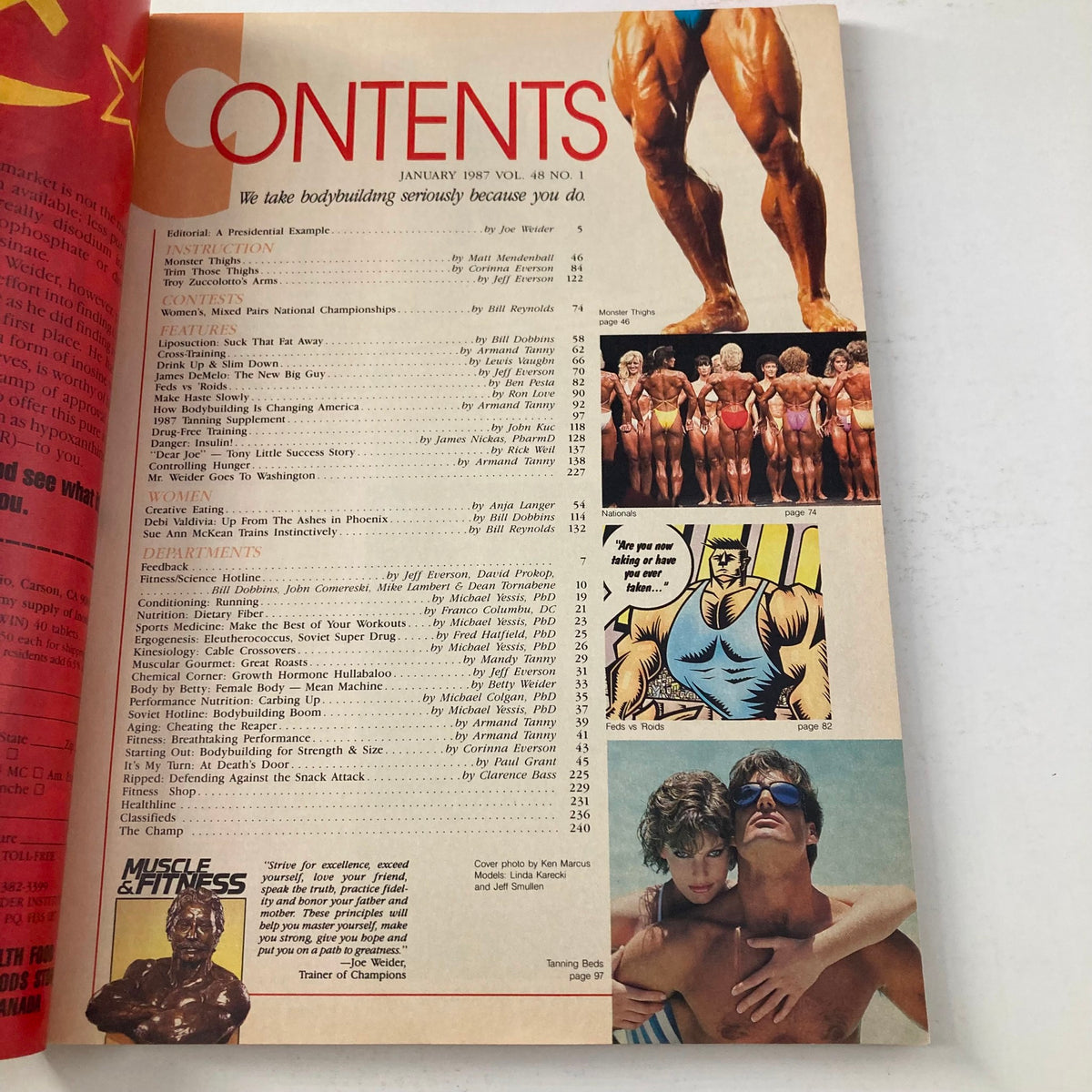 Contents page of Joe Weider's Muscle & Fitness Magazine January 1987, featuring articles on bodybuilding, exercise routines, and fitness tips.
