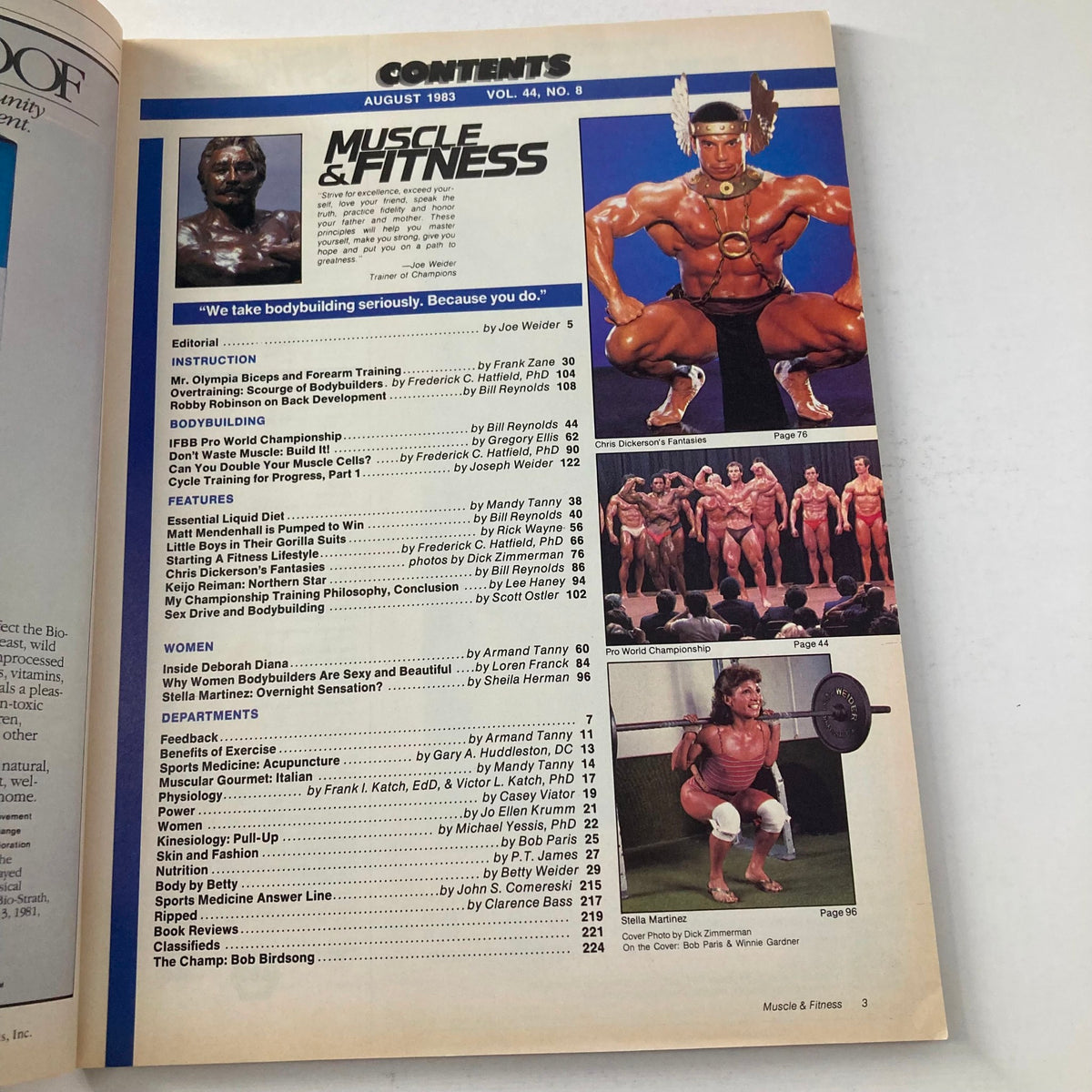 Contents page of Joe Weider's Muscle & Fitness Magazine August 1983, detailing articles about bodybuilding, nutrition, and training, including features on Mr. Olympia and women's fitness.