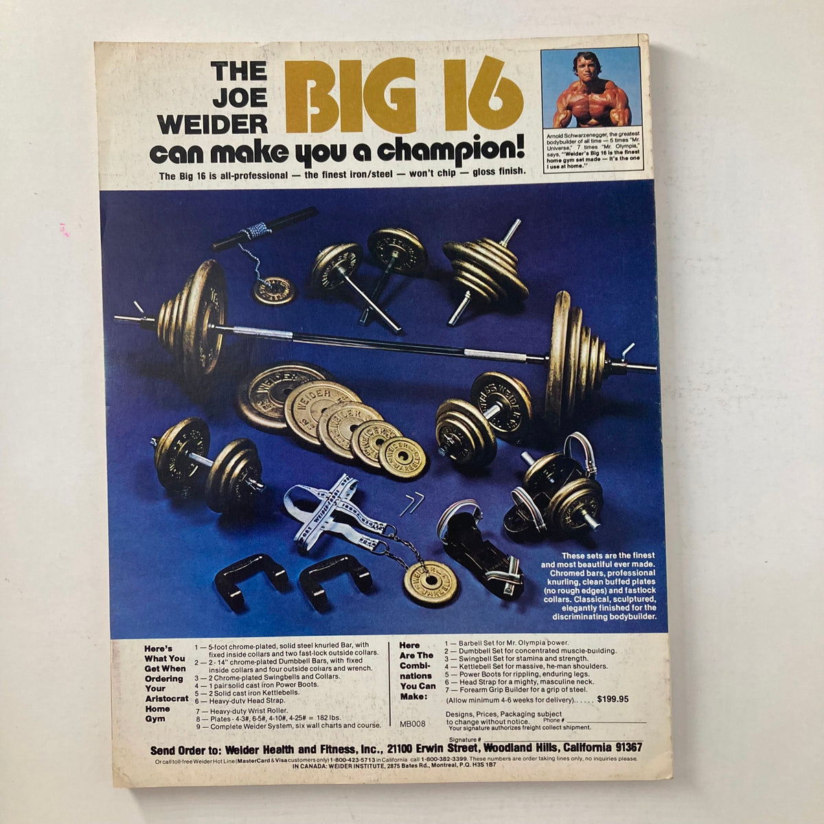 Cover of Joe Weider's Muscle & Fitness Magazine, August 1983, featuring an advertisement for the Big 16 fitness equipment with weights and dumbbells, promoting a champion's workout regimen.
