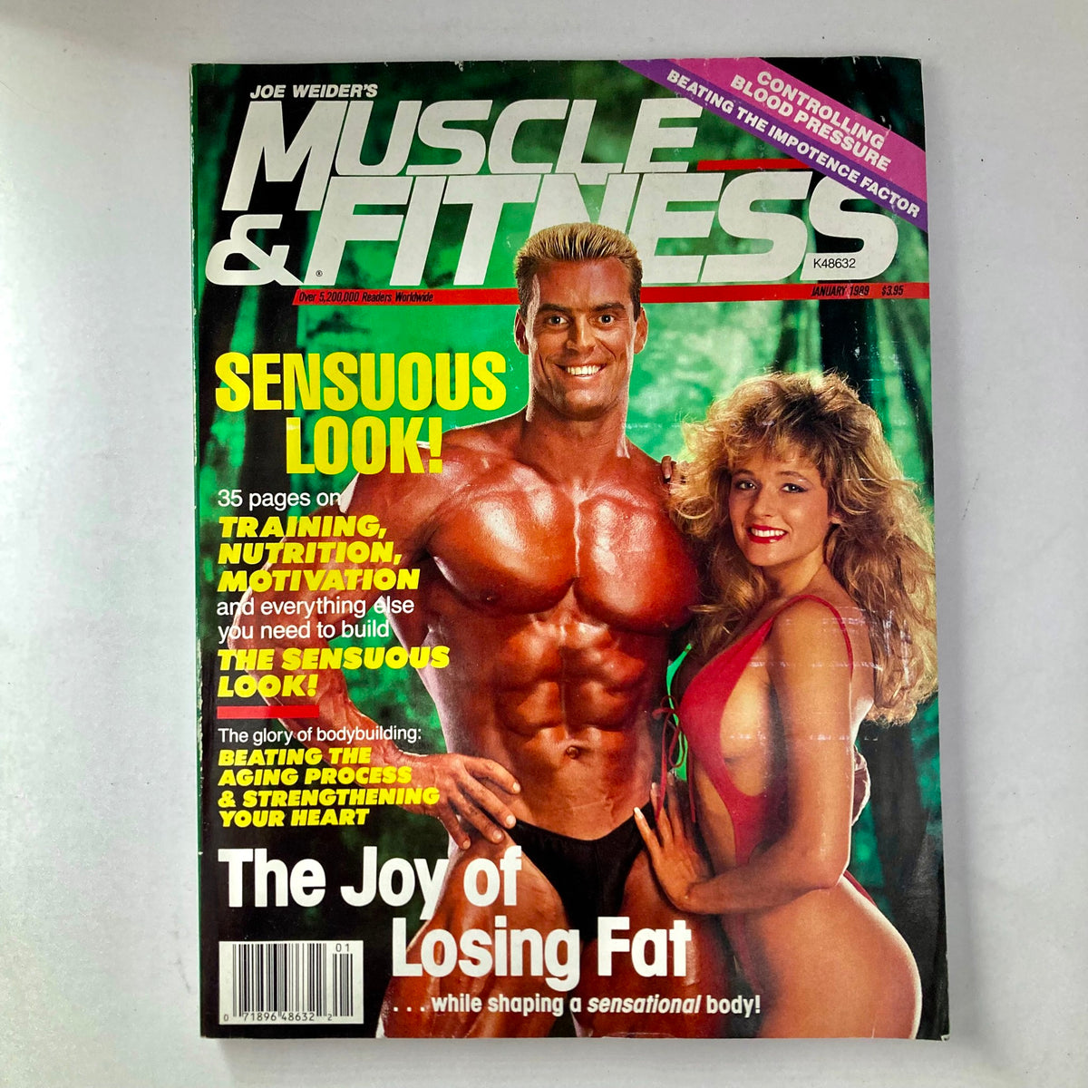 Cover of Joe Weider's Muscle & Fitness Magazine, January 1989, featuring a muscular man and a fit woman, highlighting fitness topics and exercises.