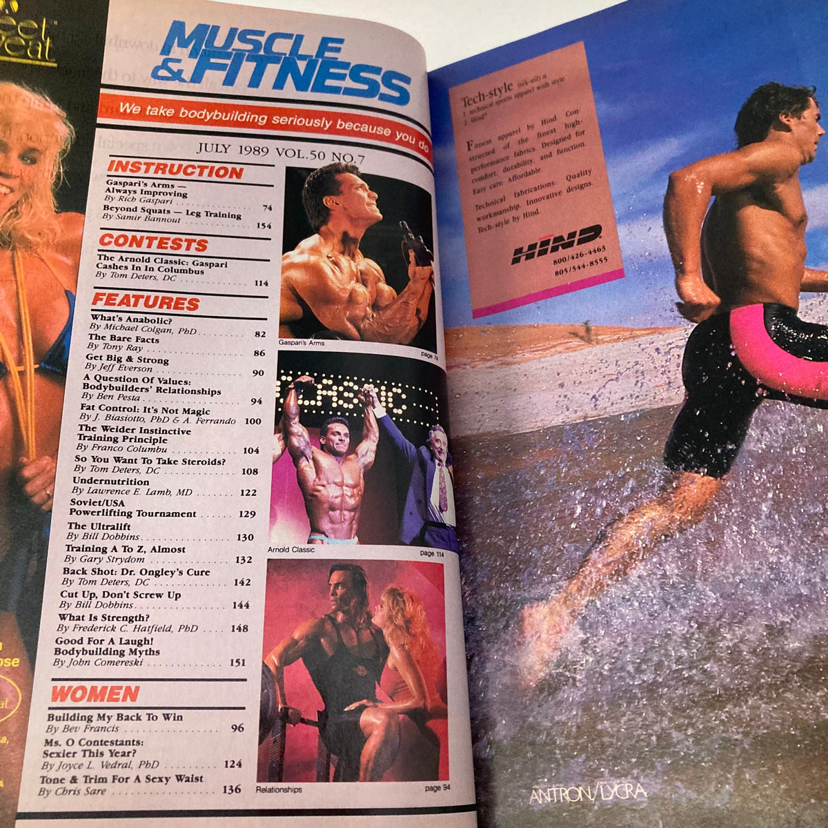 Inside page of Joe Weider's Muscle & Fitness Magazine July 1989 featuring fitness routines, contests, and articles with models showcasing bodybuilding culture from the late 1980s.