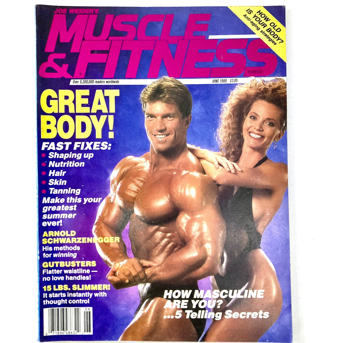 Cover of Joe Weider's Muscle & Fitness Magazine from June 1989 featuring WBF Champion Gary Strydom and a female model, highlighting fitness culture and bodybuilding.