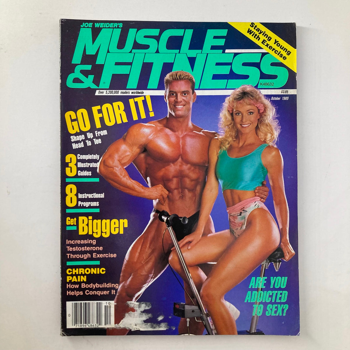 Cover of Joe Weider's Muscle & Fitness Magazine, October 1989, featuring fitness models Kathy Strangely and Berry DeMey promoting fitness and bodybuilding.