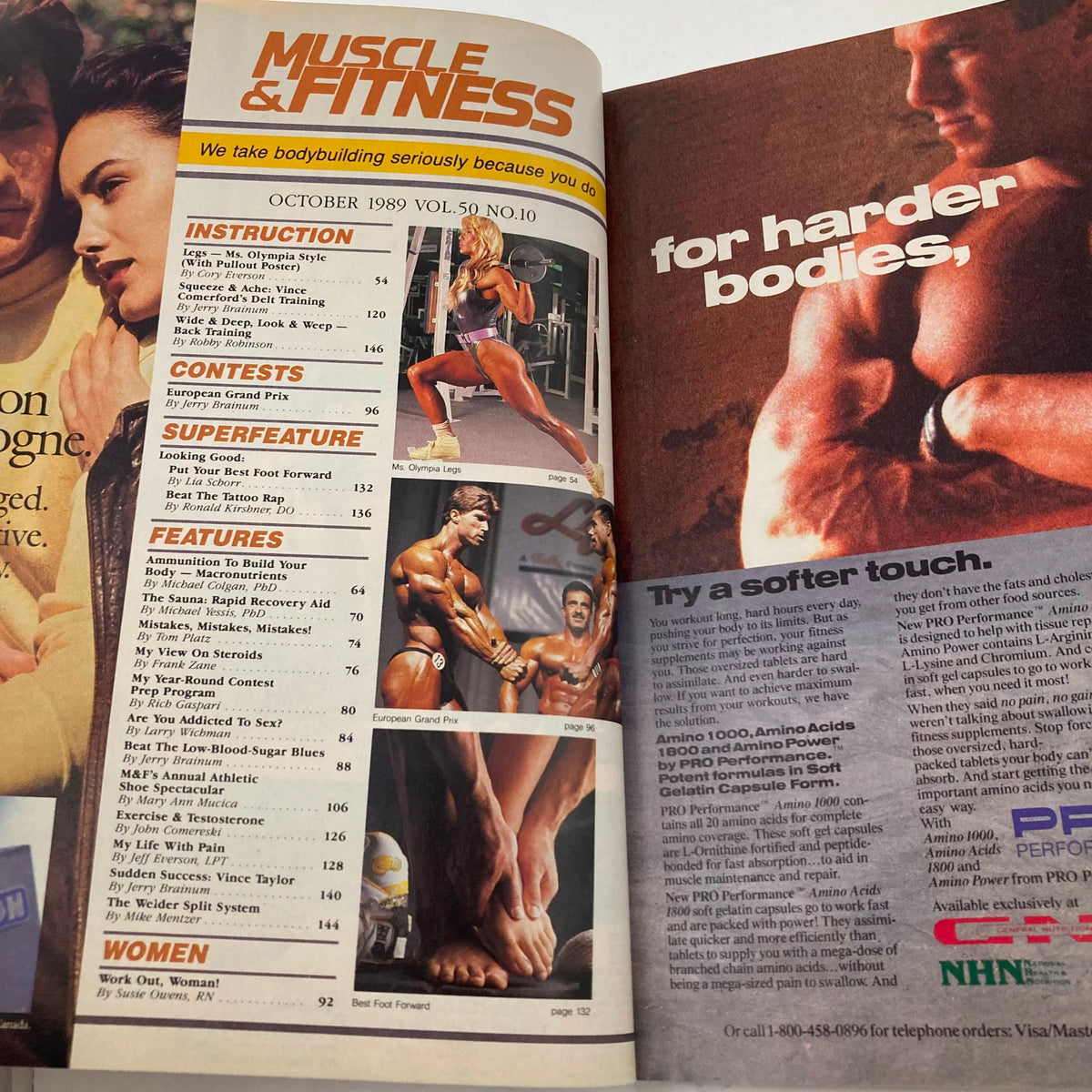 Inside pages of Joe Weider's Muscle & Fitness Magazine, October 1989, showcasing featured articles, contest information, and training tips from this vintage fitness publication.