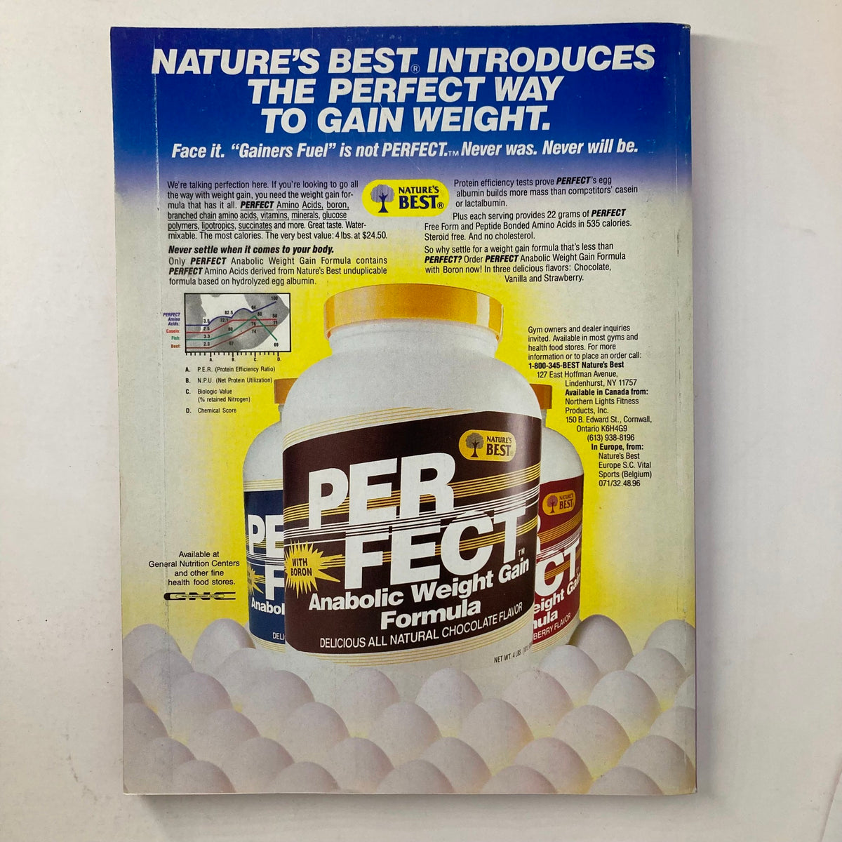 Back cover of Joe Weider's Muscle & Fitness Magazine September 1989 featuring an advertisement for Nature's Best Perfect Anabolic Weight Gain Formula.