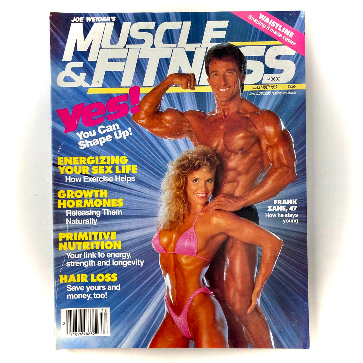 Joe Weider's Muscle & Fitness Magazine December 1989 featuring Frank Zane and a female model, showcasing fitness tips and nutrition advice from the late 1980s.