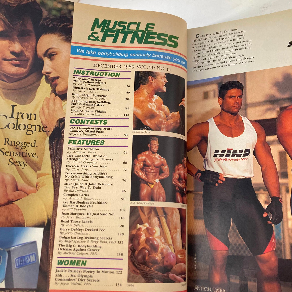 Joe Weider's Muscle & Fitness Magazine December 1989 featuring bodybuilding content, workout routines, and nutrition tips. Includes images of muscle training illustrations and articles about bodybuilding contests.