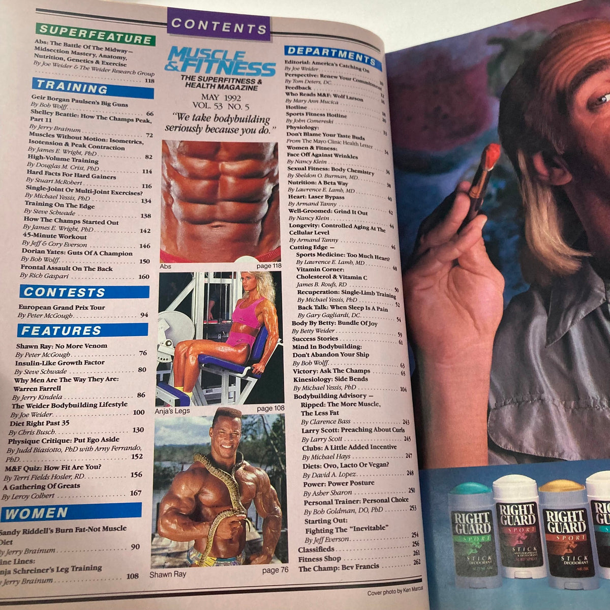 Table of contents from Joe Weider's Muscle & Fitness Magazine, May 1992, featuring articles on training, contests, and featured bodybuilders Shawn Ray and Anja Schreiner.