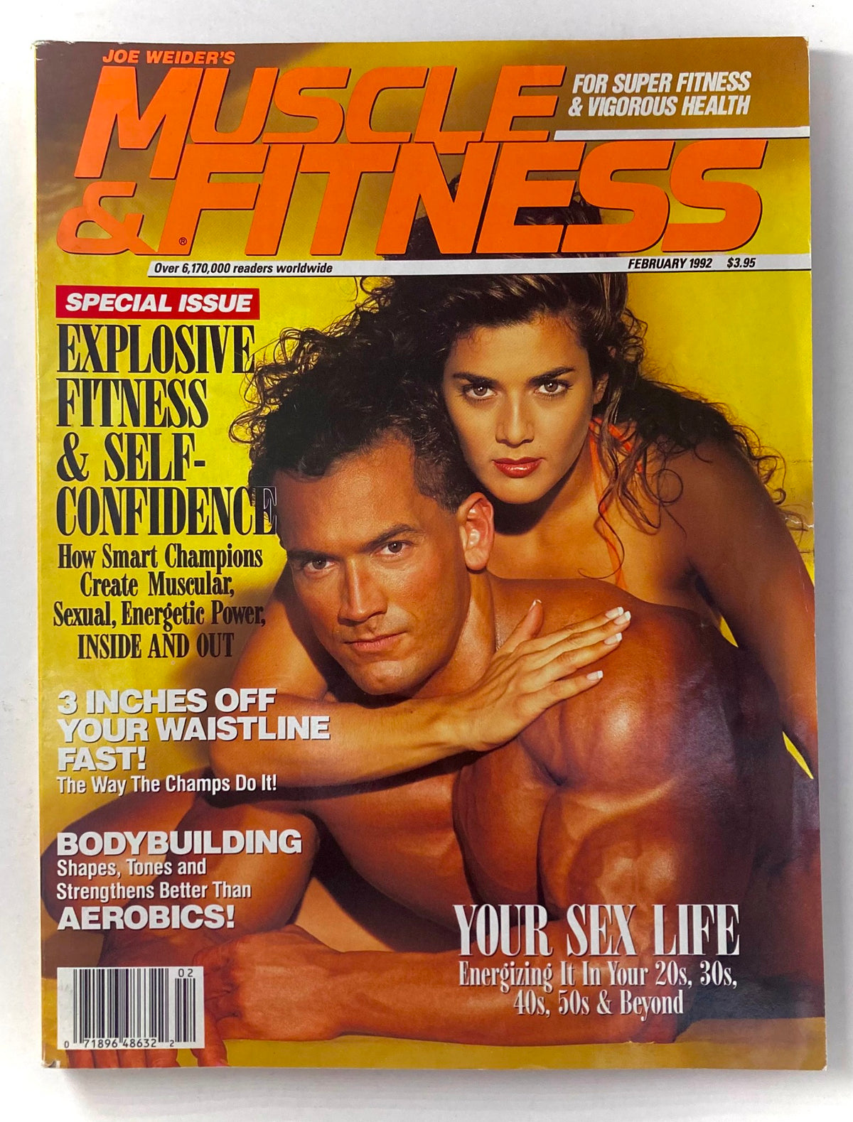 Cover of Joe Weider's Muscle & Fitness Magazine February 1992 featuring Lenda Murray and a male model, showcasing fitness and bodybuilding themes. The issue emphasizes explosive fitness, self-confidence, and workout strategies, making it a collectible vintage magazine for fitness enthusiasts.