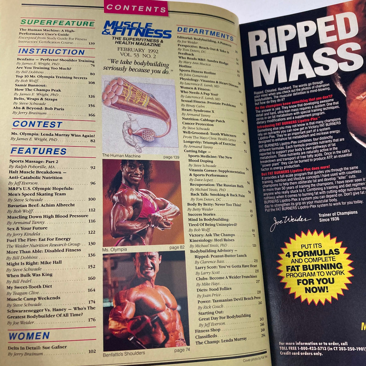 Table of contents from Joe Weider's Muscle & Fitness Magazine February 1992, featuring Lenda Murray and various fitness topics including bodybuilding techniques and nutrition advice.