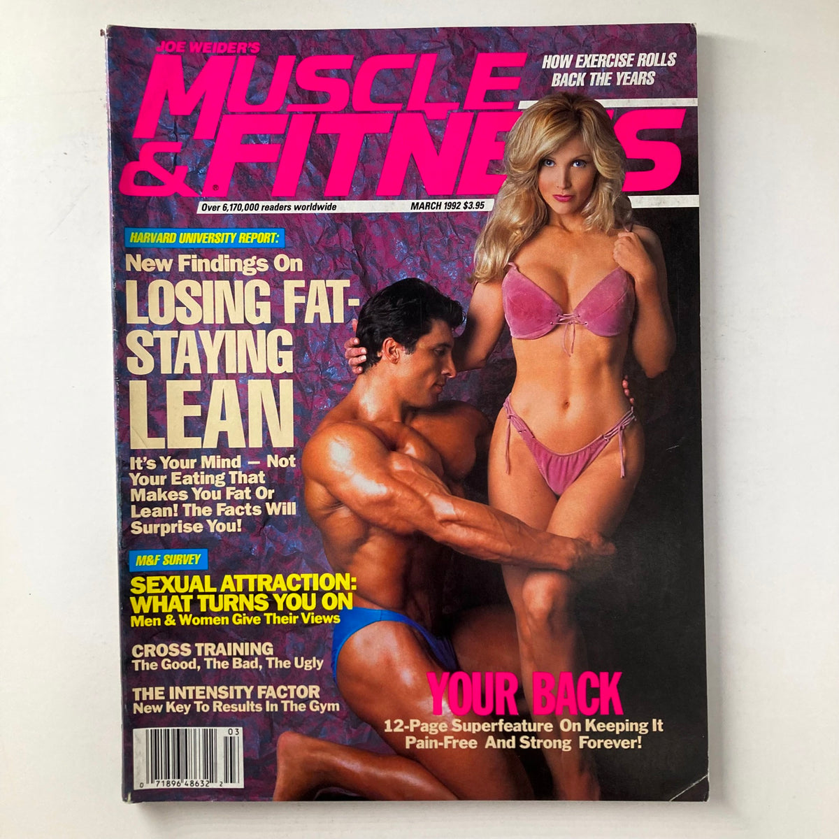 Cover of Joe Weider's Muscle & Fitness Magazine, March 1992, featuring the theme Losing Fat - Staying Lean, showcasing a muscular man and a fit woman on the magazine cover.