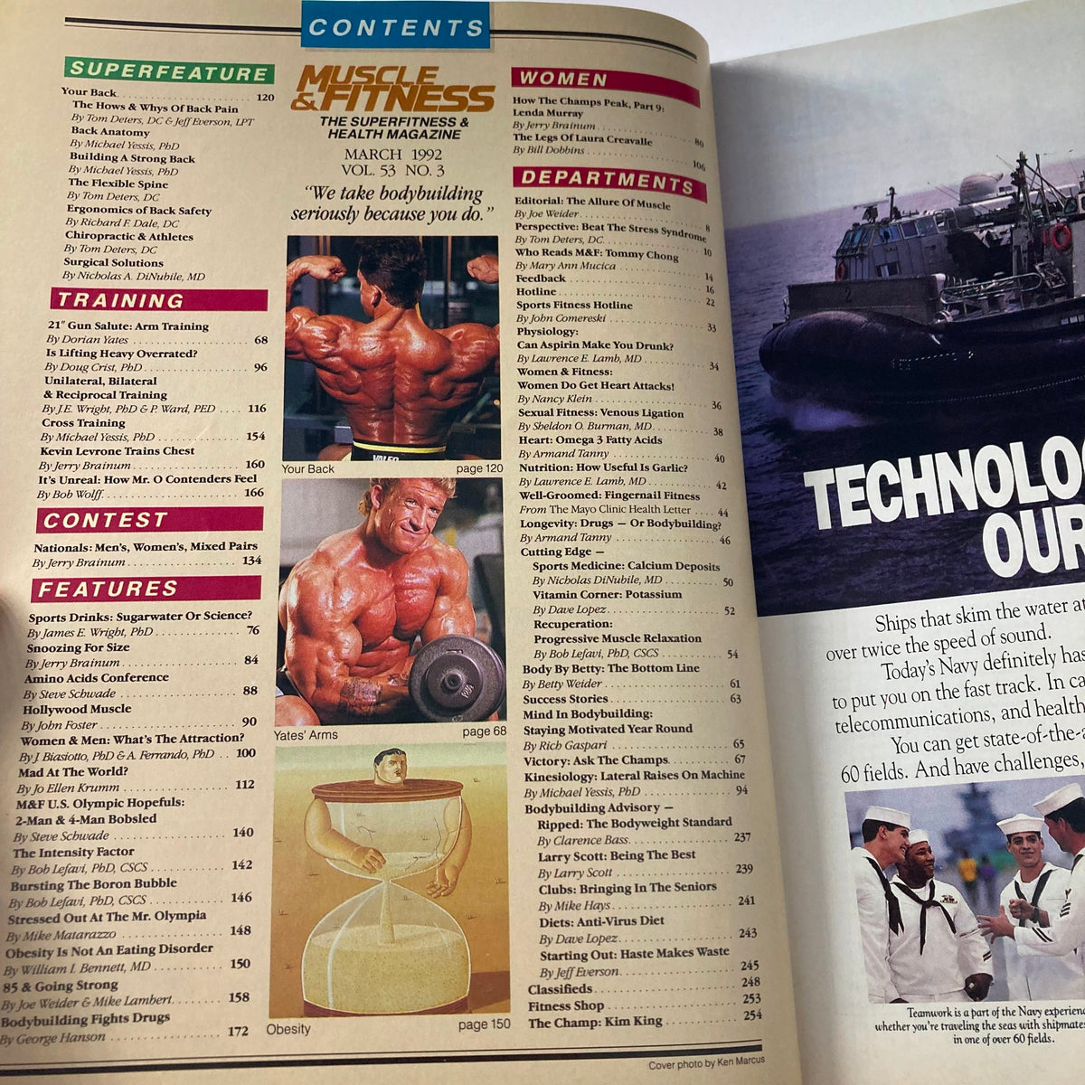 Contents page of Joe Weider's Muscle & Fitness Magazine March 1992, featuring articles on training, contest preparation, and health tips.