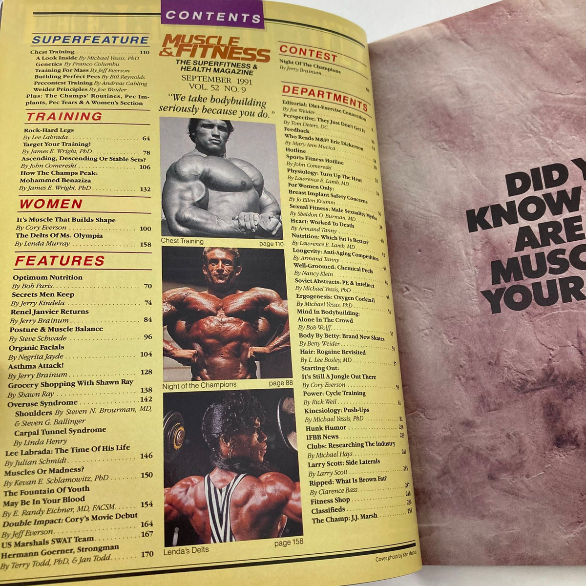 Table of contents from Joe Weider's Muscle & Fitness Magazine, September 1991, highlighting various fitness articles, training tips, and features related to bodybuilding.