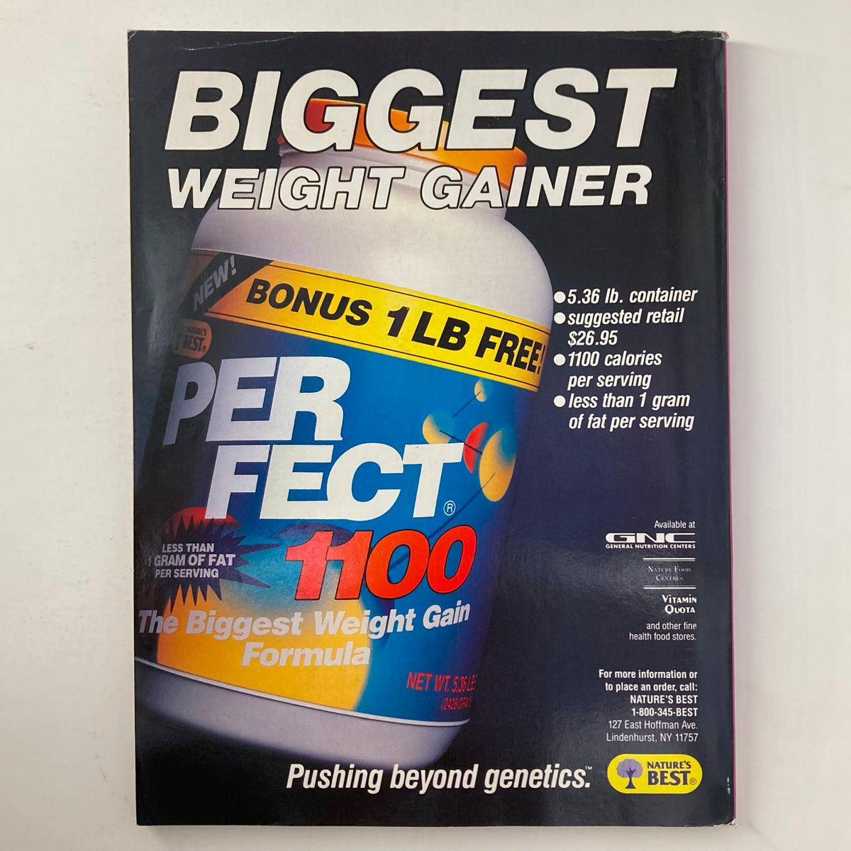Advertisement for Perfect 1100 weight gainer in Joe Weider's Muscle & Fitness Magazine, September 1991, detailing nutritional benefits including high calories and low fat.