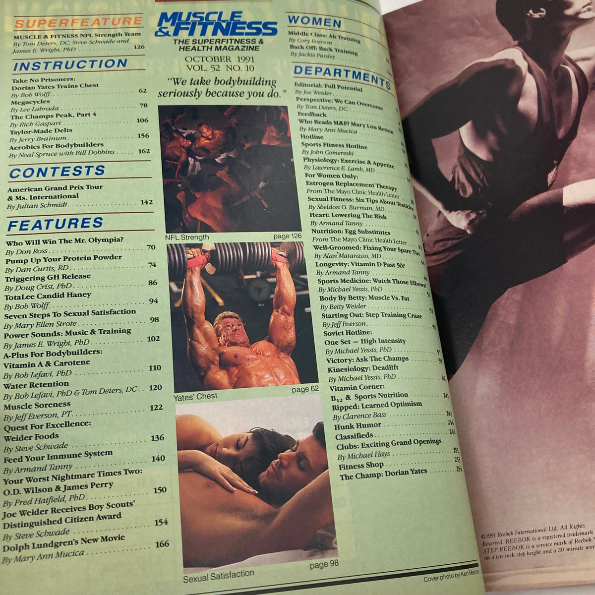 Table of contents from Joe Weider's Muscle & Fitness Magazine October 1991, highlighting features on bodybuilding, nutrition, and workouts.