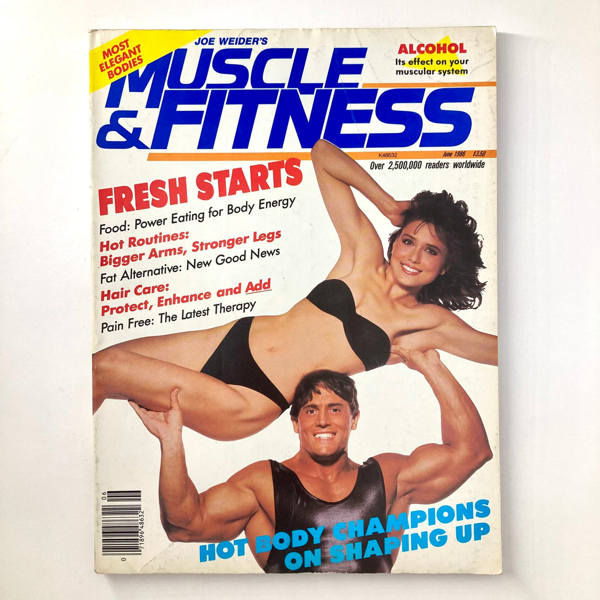 Joe Weider's Muscle & Fitness Magazine June 1986 cover featuring fitness enthusiasts Chris Jaksy and Bob Birdsong, highlighting articles on diet and workout routines.