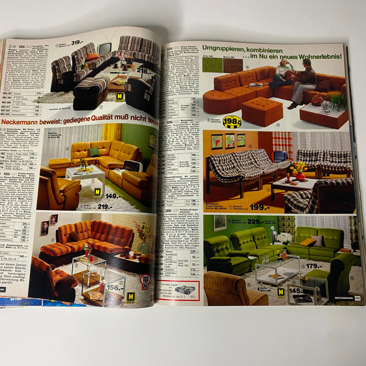 Interior pages from the 1930 Montgomery Ward Spring and Summer Catalog No. 112 featuring vintage furniture advertisements including sofas and living room sets.