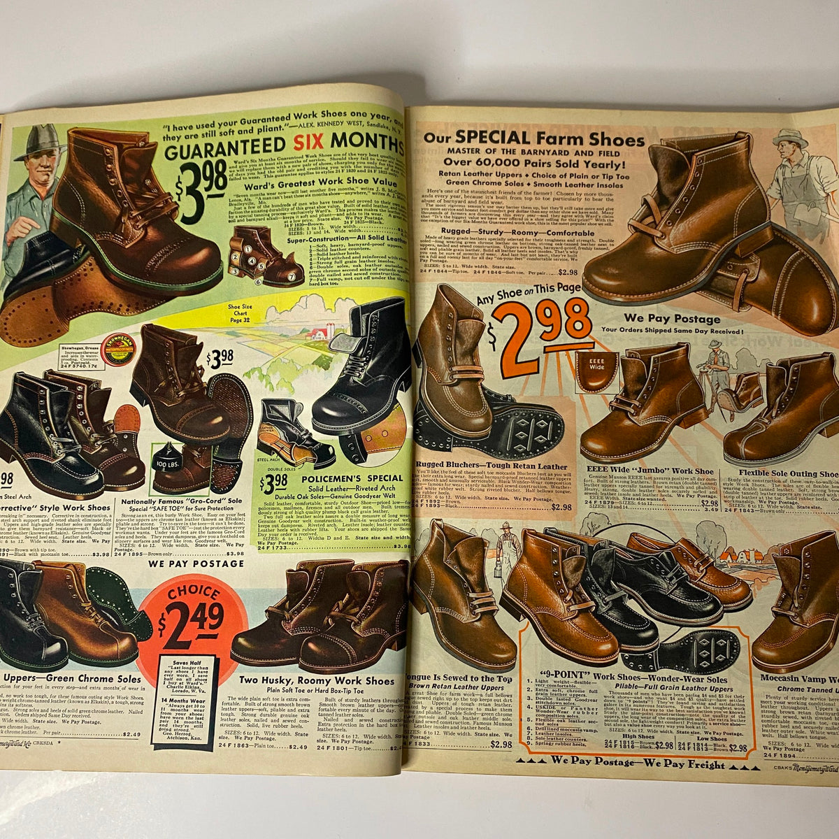 1930 Montgomery Ward Spring and Summer Catalog No. 112 presenting a page of work and farm shoes with detailed product descriptions and prices.