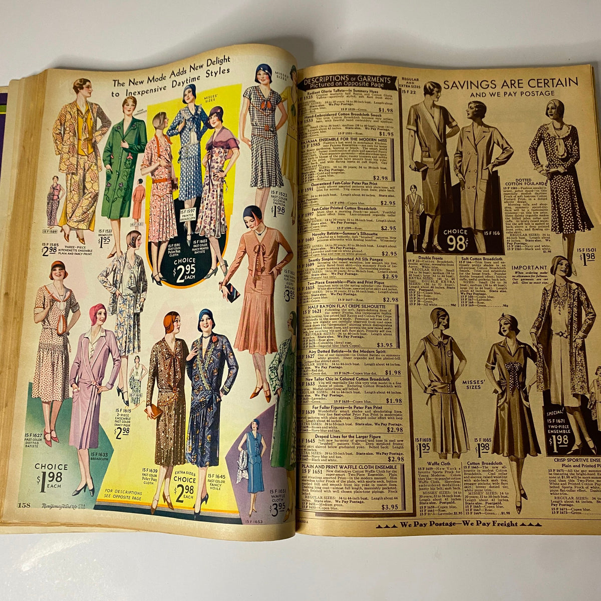 1930 Montgomery Ward Spring and Summer Catalog No. 112 displaying a variety of stylish daytime dresses for women, illustrating 1930s fashion choices.