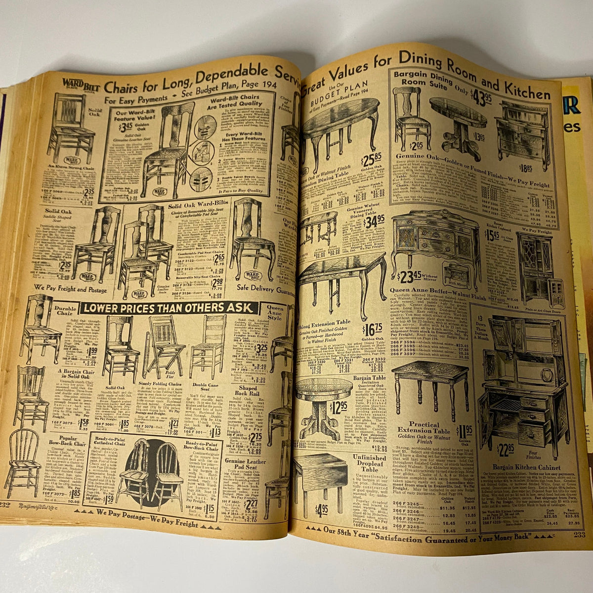 1930 Montgomery Ward Spring and Summer Catalog No. 112 presenting an assortment of furniture including chairs and dining room sets, emphasizing affordable options from the era.