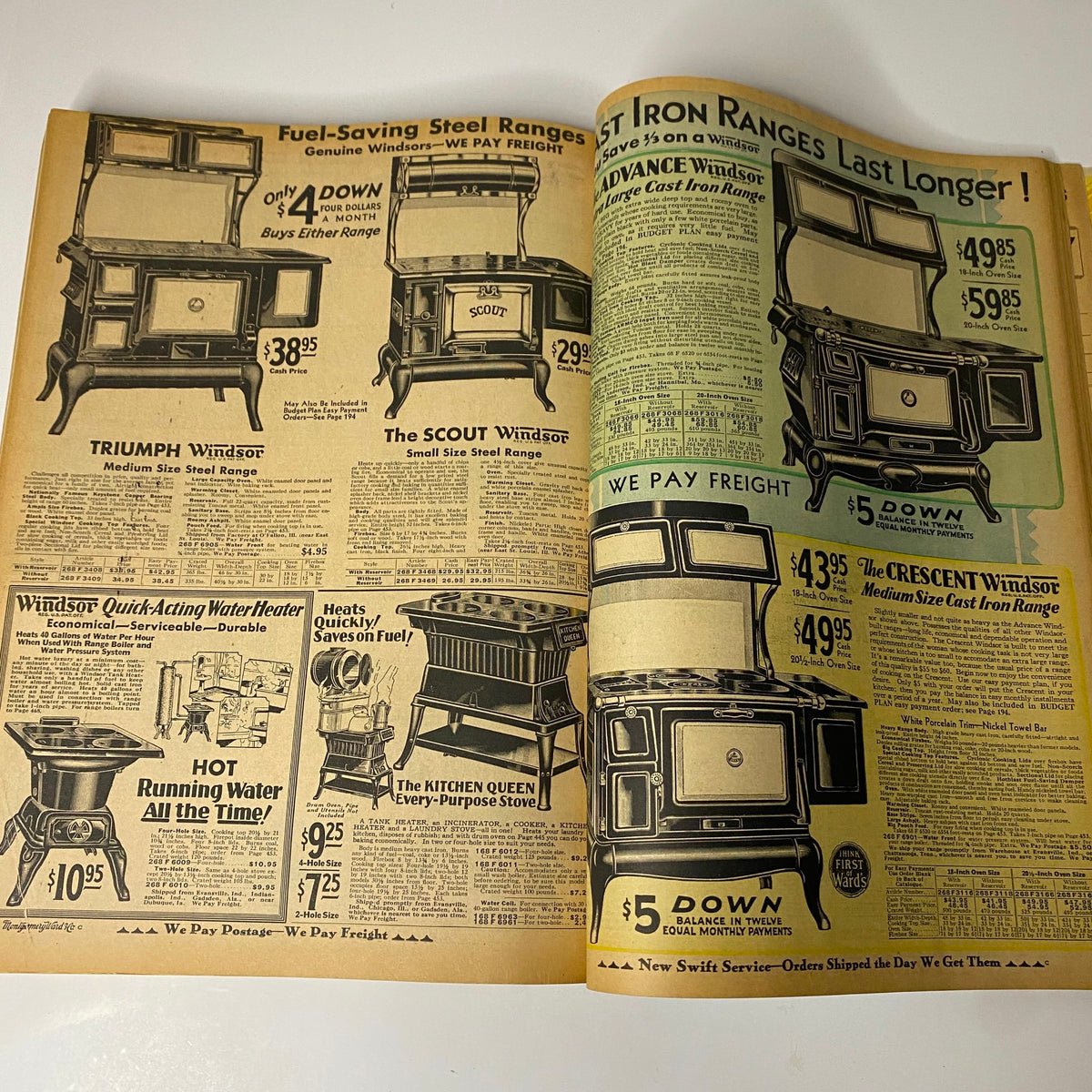 Page displaying fuel-saving steel ranges from the 1930 Montgomery Ward Spring and Summer Catalog No. 112, featuring various kitchen range styles and their pricing.