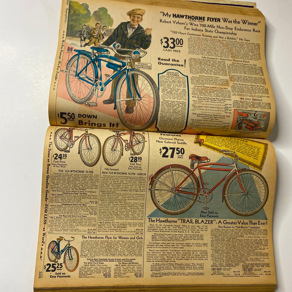 Page highlighting bicycles from the 1930 Montgomery Ward Spring and Summer Catalog No. 112, featuring different models, prices, and promotional text.