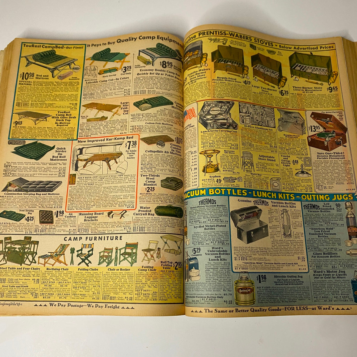 Page illustrating camping equipment and furniture from the 1930 Montgomery Ward Spring and Summer Catalog No. 112, showcasing various items like camp beds and stoves.