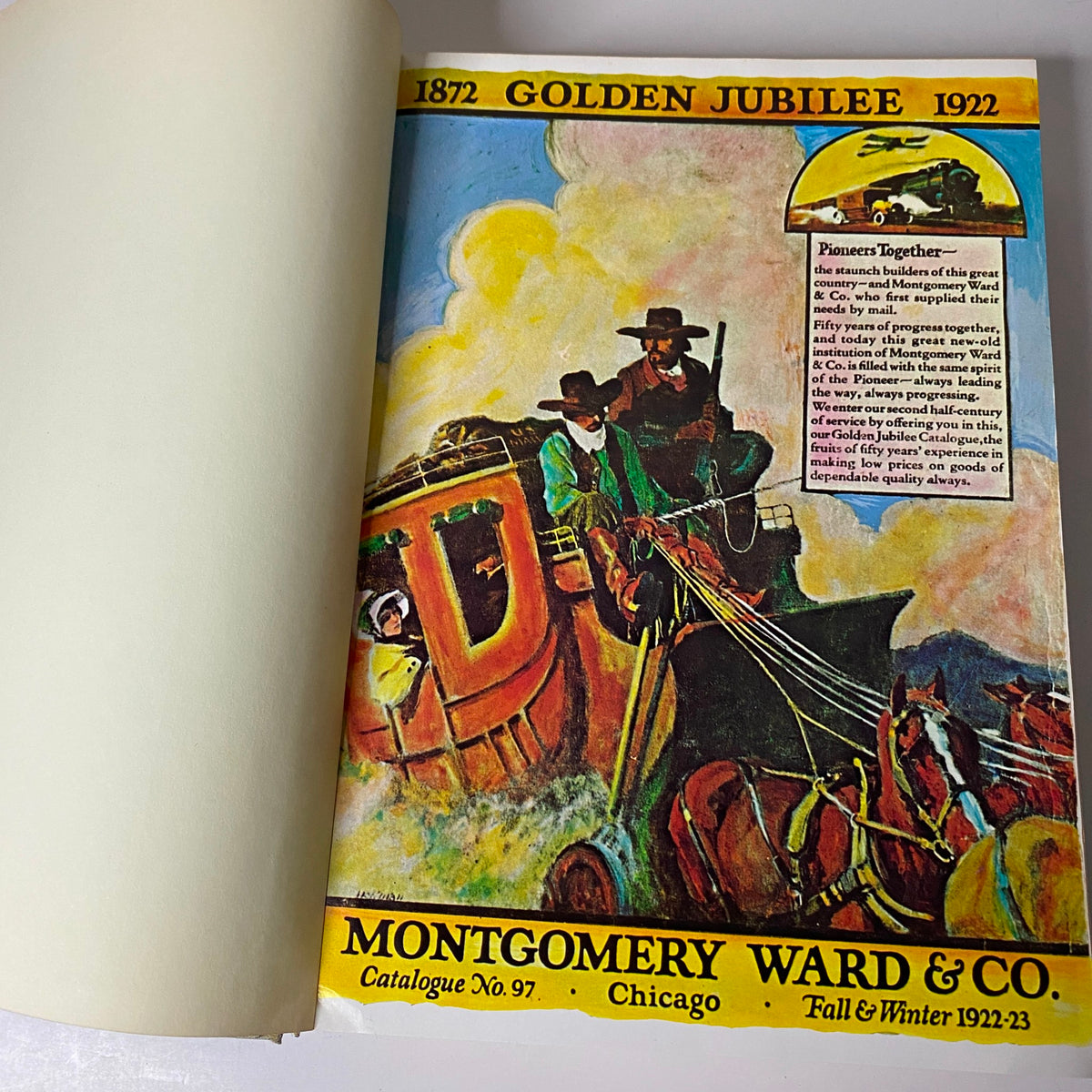 Opening page of the 1922-1923 Montgomery Ward Fall and Winter Catalog No. 97, highlighting an illustration and introductory text about the catalog.