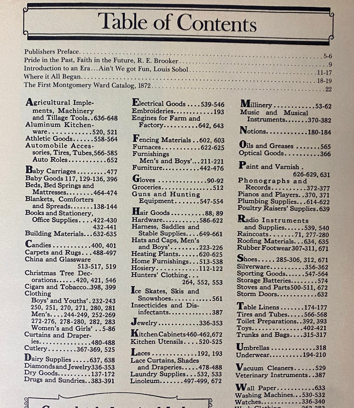 Table of contents from the 1922-1923 Montgomery Ward Fall and Winter Catalog No. 97, listing various sections and topics within the vintage publication.