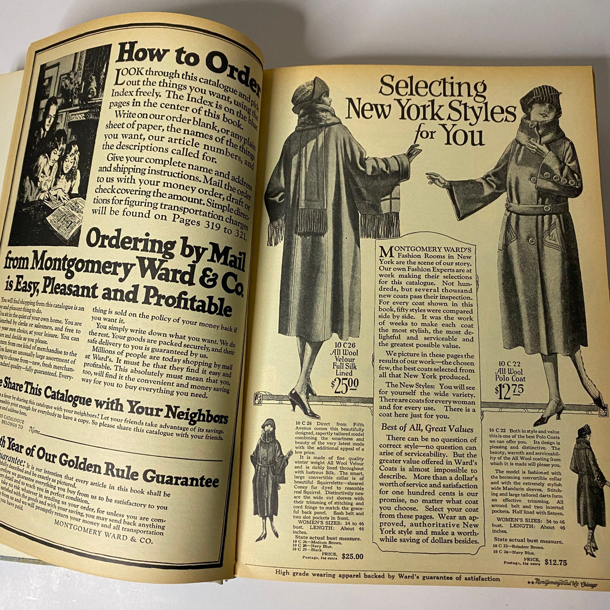 Selection of New York styles from the 1922-1923 Montgomery Ward Fall and Winter Catalog No. 97, featuring fashionable coats and outfits.
