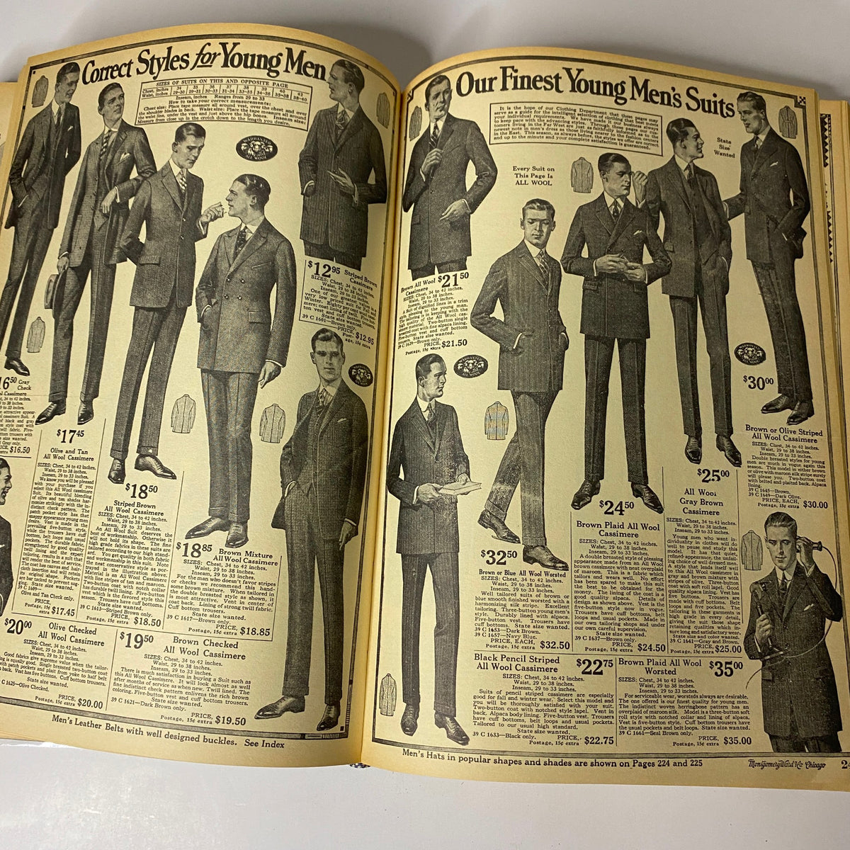 1922-1923 Montgomery Ward Fall and Winter Catalog No. 97 featuring Correct Styles for Young Men and Our Finest Young Men's Suits with pricing and descriptions.