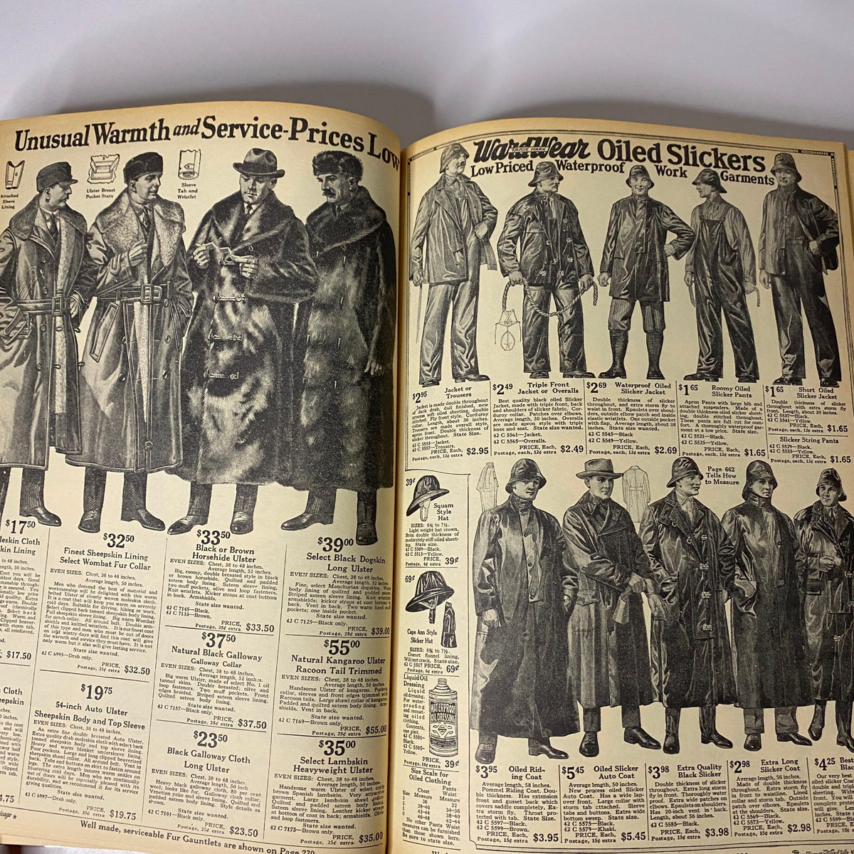 1922-1923 Montgomery Ward Fall and Winter Catalog No. 97 showcasing Unusual Warmth and Service with Oiled Slickers and pricing details for waterproof work garments.