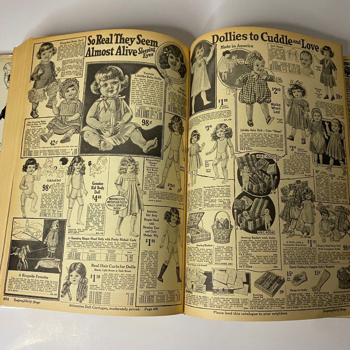 1922-1923 Montgomery Ward Fall and Winter Catalog No. 97 featuring dolls and toys with prices, showcasing children's clothing and play items.