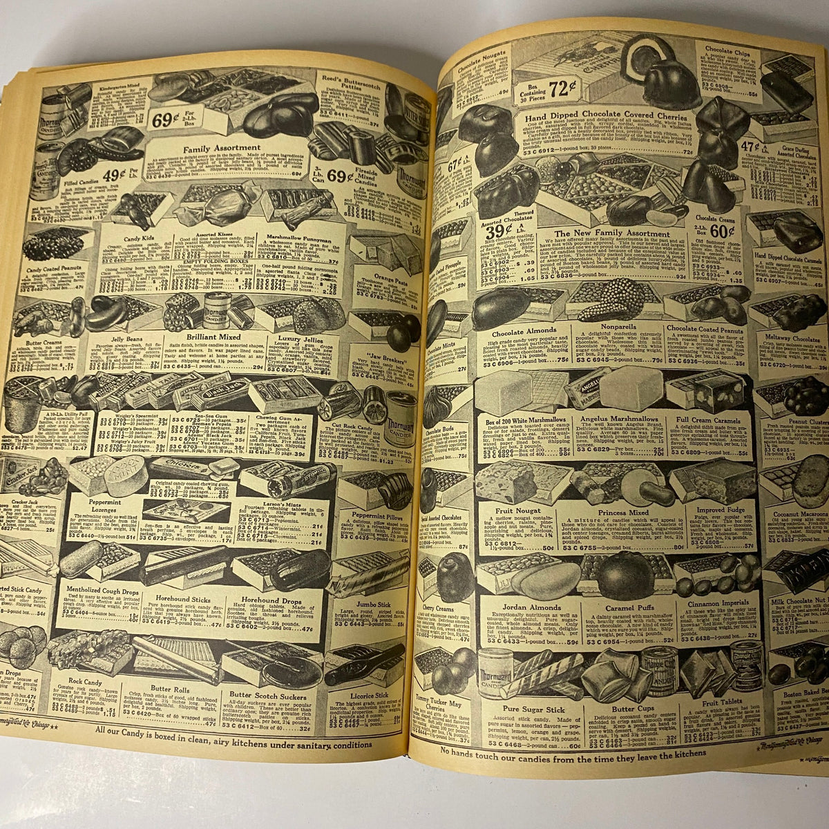 1922-1923 Montgomery Ward Fall and Winter Catalog No. 97 display of varied candy products with prices listed, showcasing early 20th-century American consumer goods.