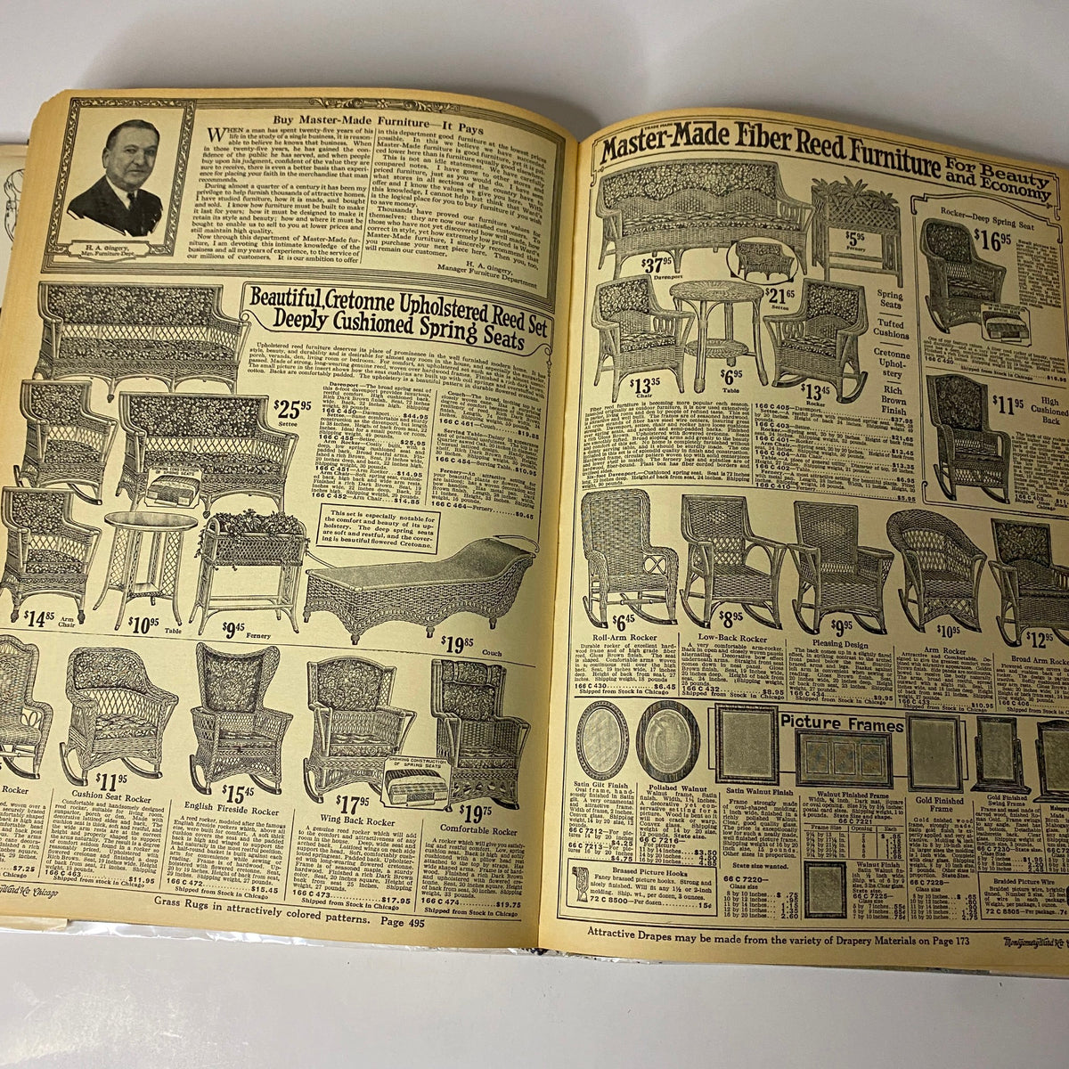 1922-1923 Montgomery Ward Fall and Winter Catalog No. 97 showcasing master-made fiber reed furniture including chairs and tables with pricing details, reflecting 1920s interior design.