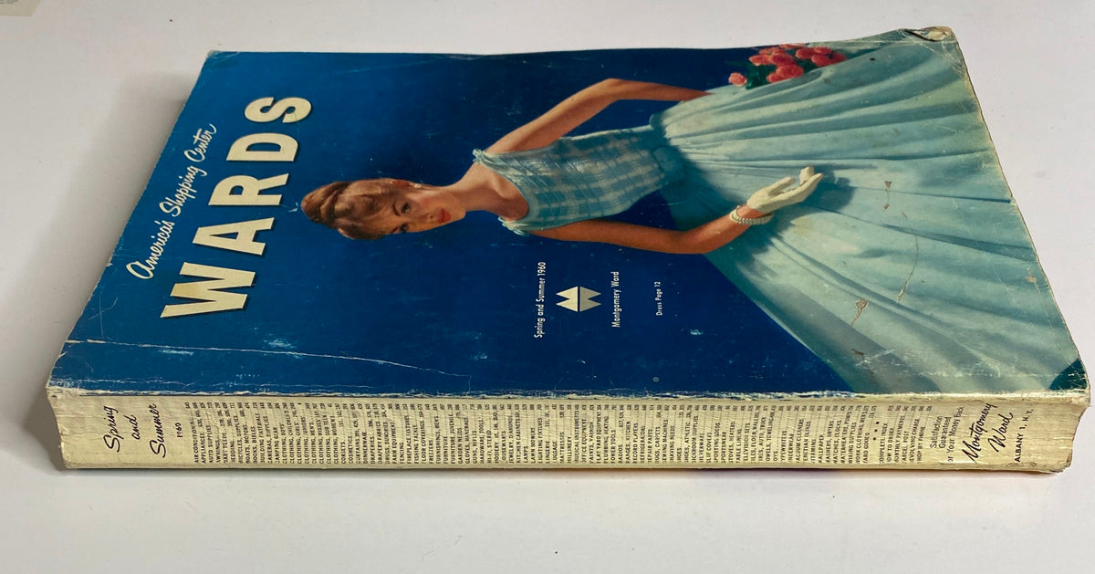 Spine view of the 1960 Montgomery Ward 'Wards' Spring and Summer Catalog, highlighting the title and detailed listing of contents.
