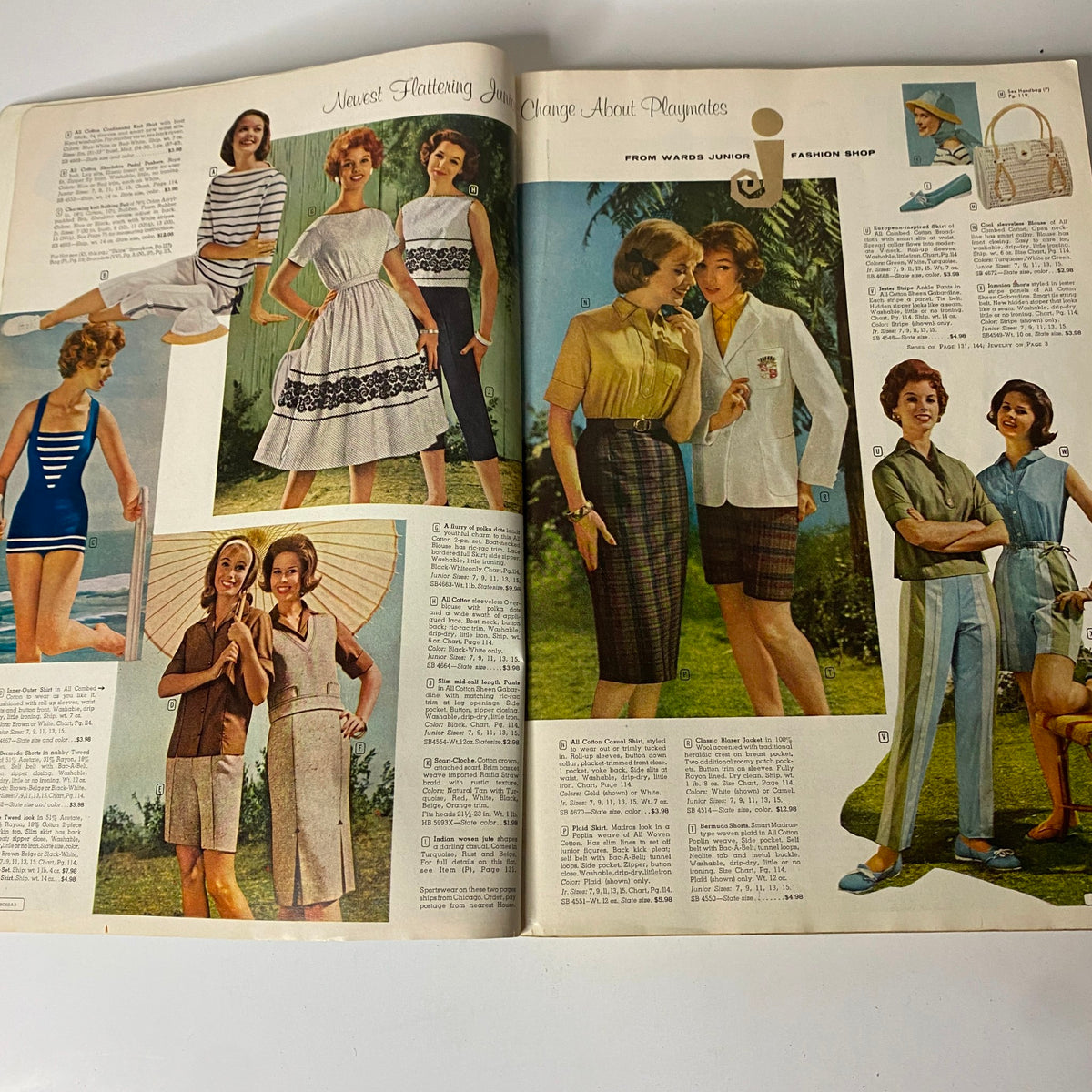 Interior pages of the 1960 Montgomery Ward 'Wards' Spring and Summer Catalog displaying a vibrant array of junior fashion styles from the early 1960s.