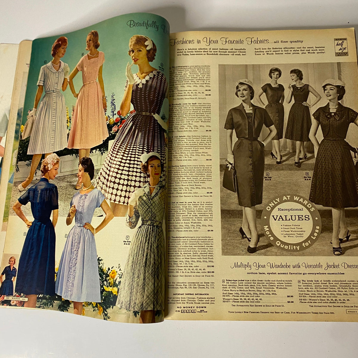 1960 Montgomery Ward 'Wards' Spring and Summer Catalog page featuring a variety of women’s dresses in fine fabrics, highlighting classic styles like polka dots and stripes, perfect for summer wear.