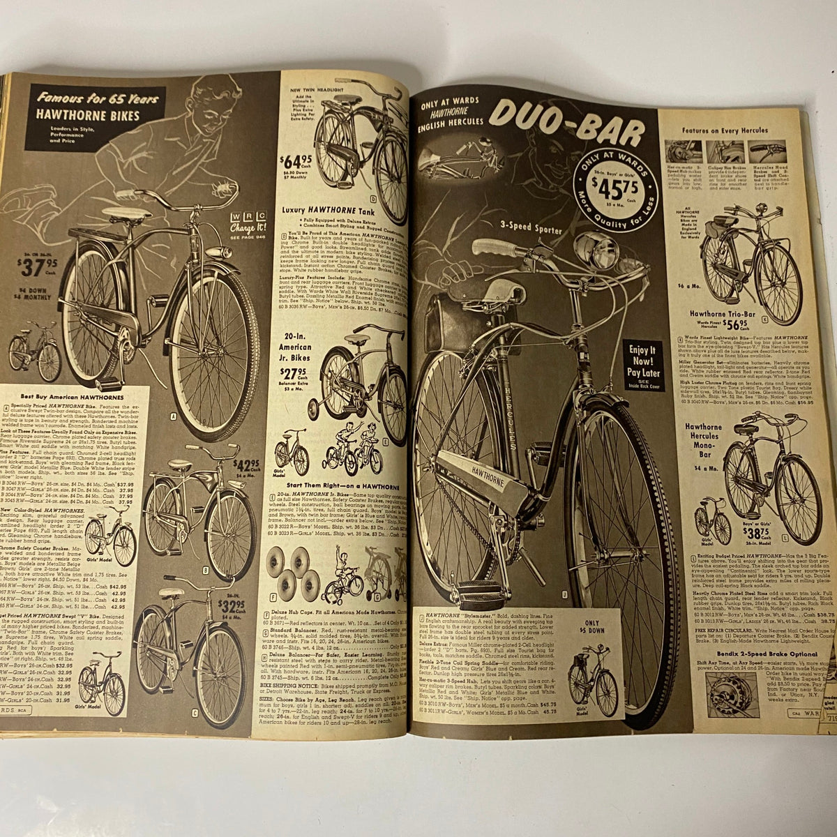 1960 Montgomery Ward 'Wards' Spring and Summer Catalog featuring a selection of Hawthorne bikes accompanied by pricing and descriptions, reflecting mid-century American cycling trends.