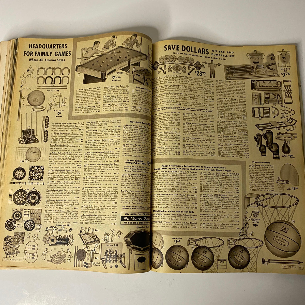 1960 Montgomery Ward "Wards" Spring and Summer Catalog showing pages featuring family games like foosball and various sports equipment, showcasing prices and product descriptions.