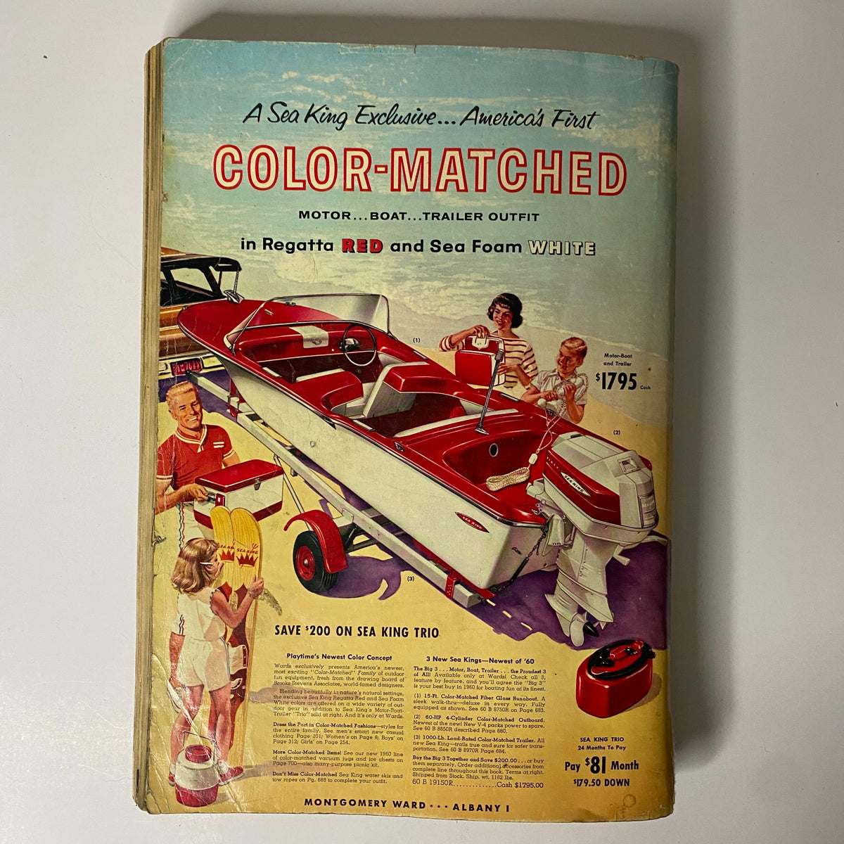 1960 Montgomery Ward "Wards" Spring and Summer Catalog front cover featuring a colorful illustration of a color-matched boat and trailer outfit in Regatta Red and Sea Foam White.