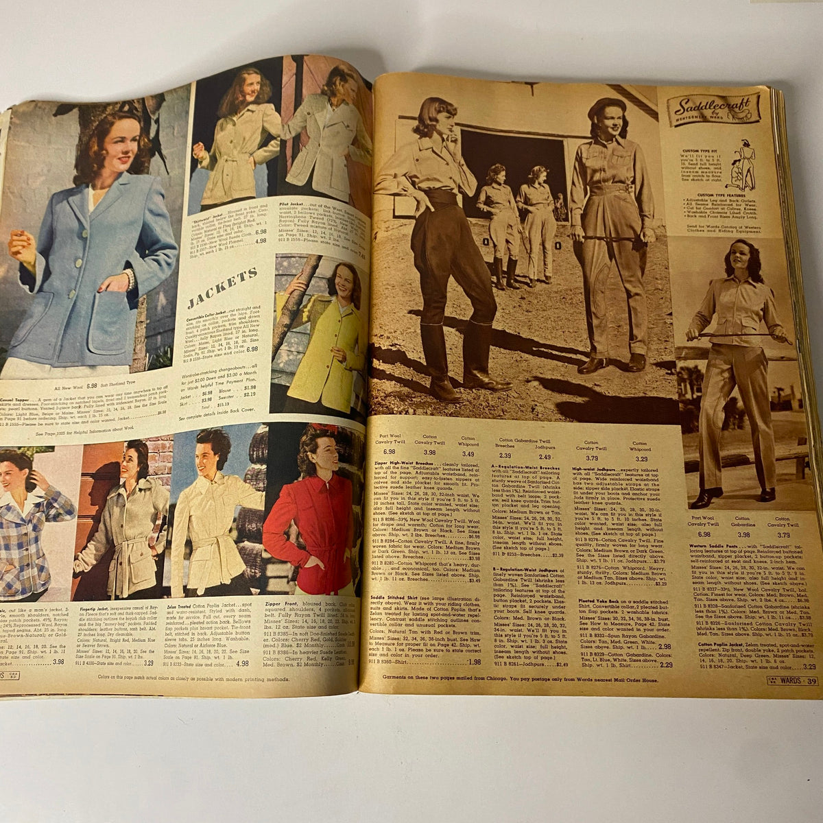 Open spread from the 1942 Montgomery Ward Spring and Summer Catalog featuring fashionable jackets and detailed price listings.