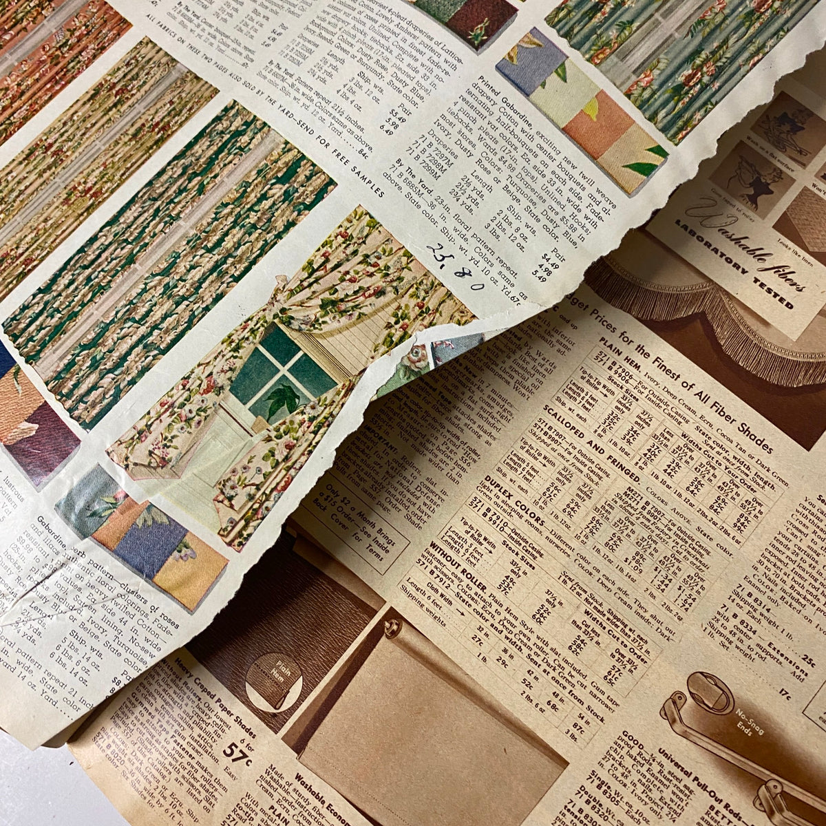 1942 Montgomery Ward Spring and Summer Catalog with samples of decorative curtains and fabric swatches, illustrating vintage window treatment options available at the time.