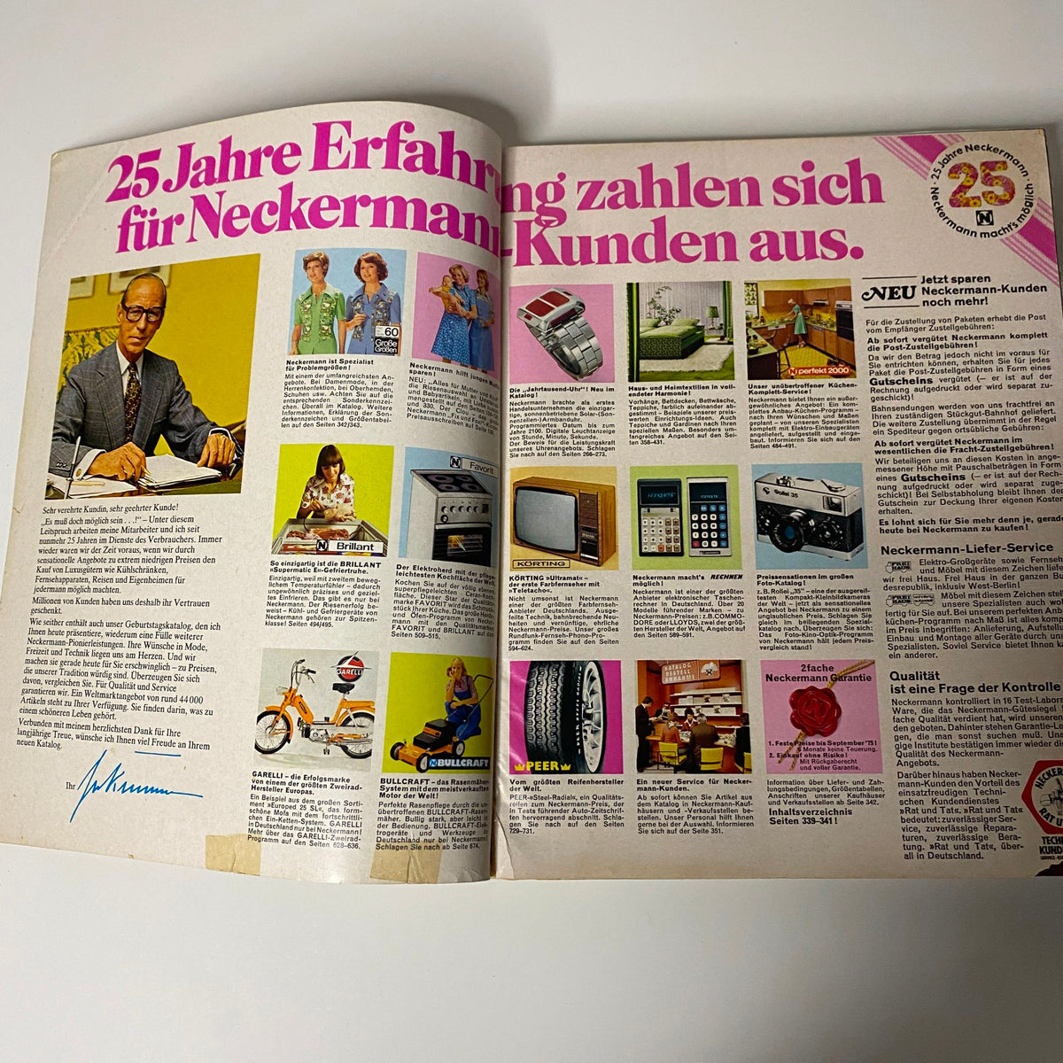 Inside spread of the 1975 Neckermann Spring and Summer Catalog showcasing a vintage layout with fashion, electronics, and a photo of a man at a desk, emphasizing 25 years of service.