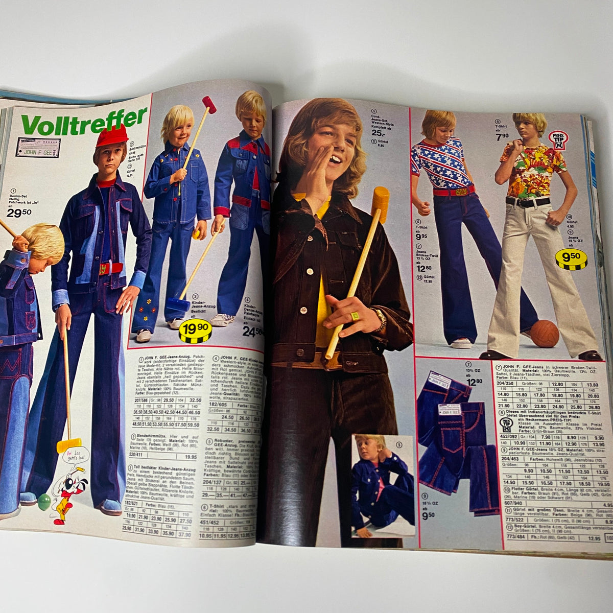 1975 Neckermann Spring and Summer Catalog featuring stylish children's denim outfits and casual wear, exemplifying popular fashion trends of the mid-1970s.