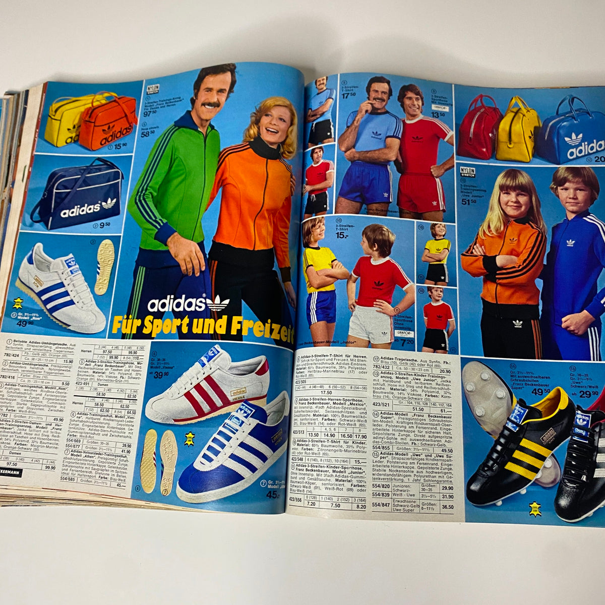 1975 Neckermann Spring and Summer Catalog featuring Adidas sportswear for men, women, and children, highlighting vibrant tracksuits and sporty shoes.