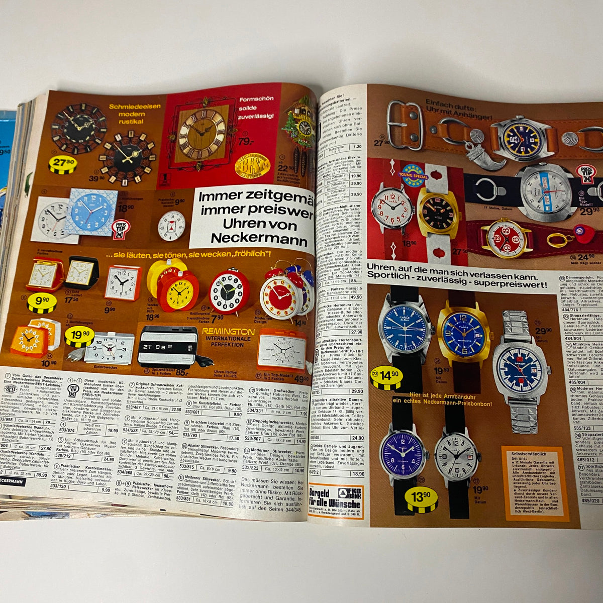 Vintage Neckermann Spring and Summer Catalog 1975 showcasing a variety of wristwatches and clocks, emphasizing affordable European timepieces with price lists and descriptions.